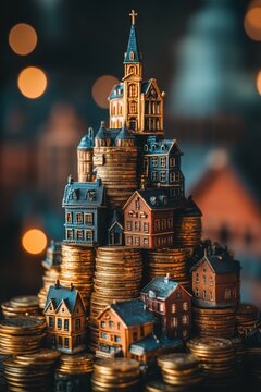 Miniature houses stacked on coins creating a unique financial landscape