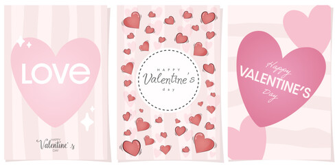 set of three cards for Valentine's Day with hearts and inscriptions in pastel colors