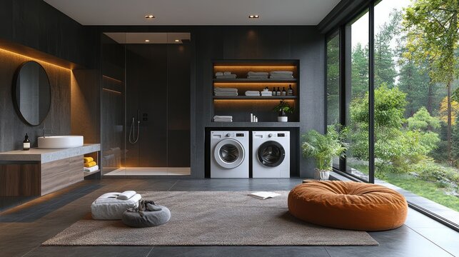 Modern spa-like bathroom laundry room with forest view