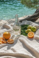 Obraz premium Refreshing citrus fruits and water bottle set against a serene beach background on a sunny day