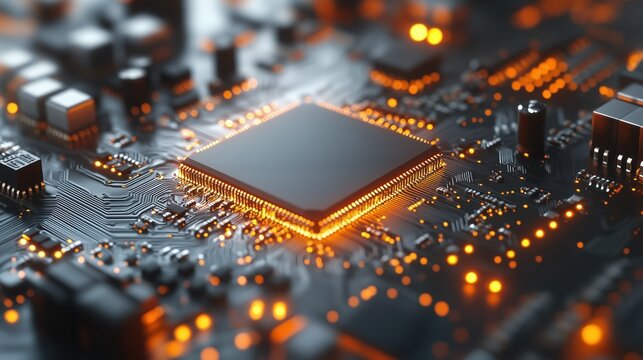 Close-up of a computer circuit board featuring a microprocessor with glowing orange lights and intricate connections in a dark environment