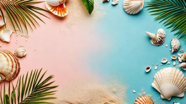 Tropical seaside transformation with shells, sand, and palms on vibrant background