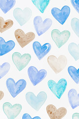 Watercolor heart pattern, soft blue tones, light pastel colors, romantic design, seamless background, artistic texture.