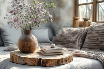 Wooden Round Table with Vase and Book – Scandinavian Modern Living Room Design