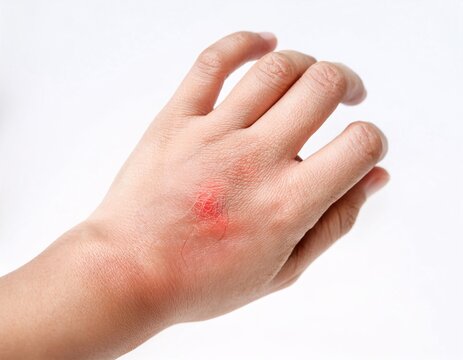 A hand scratching red, irritated skin caused by an insect bite, set against a clean white background