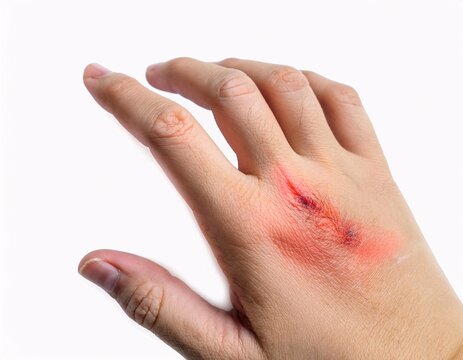 A hand scratching red, irritated skin caused by an insect bite, set against a clean white background