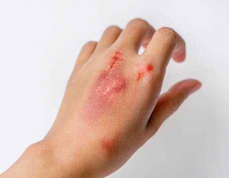 A hand scratching red, irritated skin caused by an insect bite, set against a clean white background