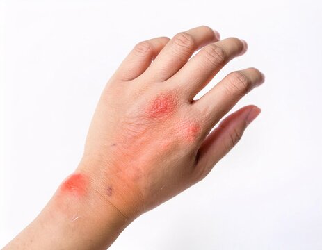 A hand scratching red, irritated skin caused by an insect bite, set against a clean white background