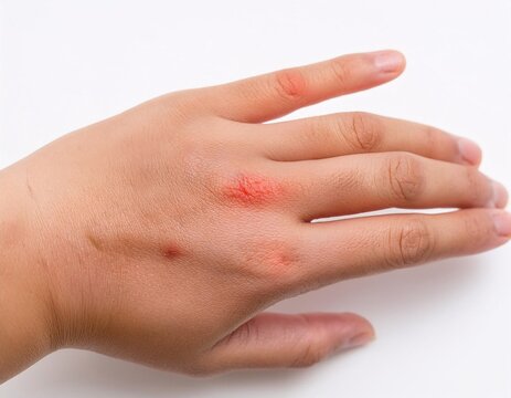 A hand scratching red, irritated skin caused by an insect bite, set against a clean white background