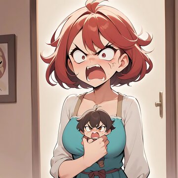 Angry Woman Holding Furious Child: A Vibrant Anime Illustration