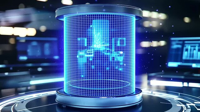 Futuristic Laboratory with Data Core and Holographic Schematics