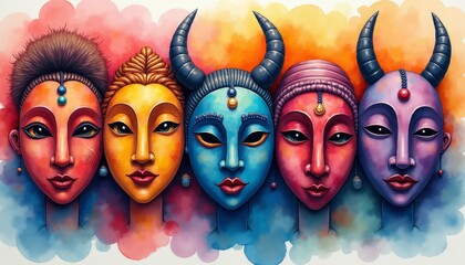 Obraz premium Watercolor illustration of African masks showcasing intricate designs and cultural significance with a vivid background