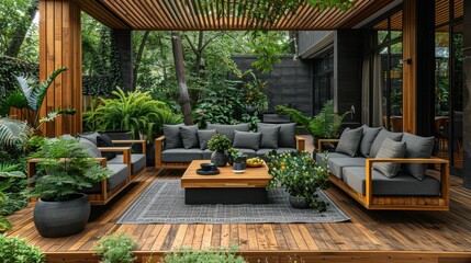 Wooden Terrace with Modern Garden Furniture and Lush Plants
