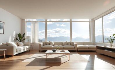 Fototapeta premium Luxurious modern living room, floor-to-ceiling windows, panoramic ocean view, minimalist furniture, beige leather sectional sofa, white coffee table, potted plant, wooden floors, bright natural light,