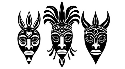 Fototapeta premium Three distinct black and white tribal African masks showcasing intricate designs and cultural artistry in modern flat style