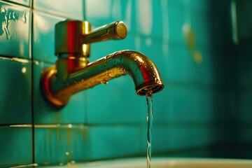 Water tap dripping in dim light showcasing efficient usage and conservation in environment protection concept