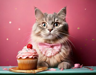A Cuddly Toy, cat,  holds  a birthday cake with candles