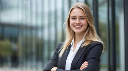 Portrait a smiling young woman in an urban setting. Concept modern business and student life.