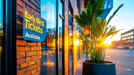 Vibrant Ticket Booth with "Early Bird Tickets Available" Sign in Public Park