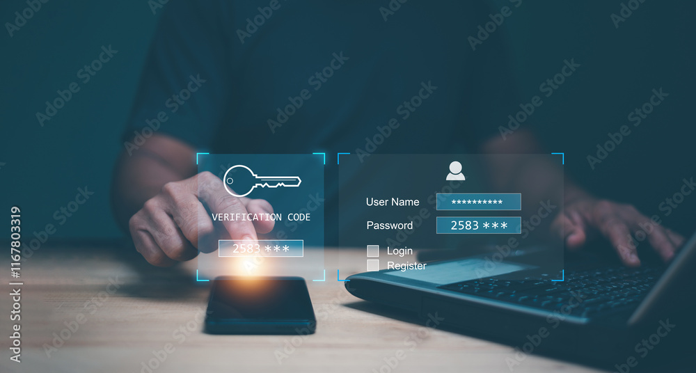 Poster Two factor authentication or 2FA concept, Businessman using smartphone for access password to online information. Cybersecurity and privacy protect data. Internet network security.