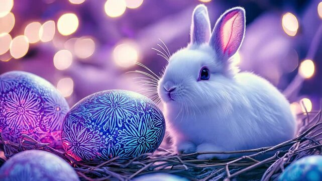 Adorable white bunny nestled amidst decorated easter eggs and glowing lights, celebrating the joyful spirit of easter