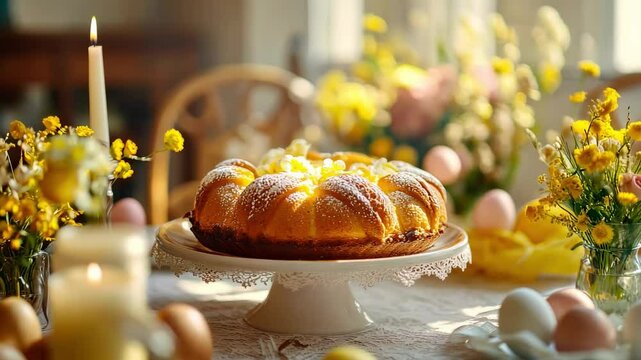Rustic easter table with bundt cake, flowers, and pastel eggs in sunlit room celebrating easter traditions