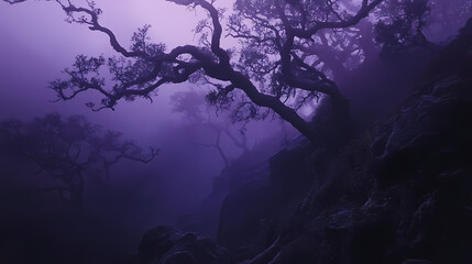 Mysterious deep plum forest misty foggy mountainside ancient twisted tree branches eerie moonlight ambiance whispers of forgotten secrets. Moonshade. Illustration
