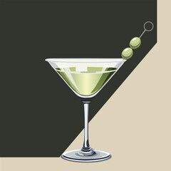 Martini Olive, Extra Dry, Beverage Illustratrion, Cocktail for Bar, Martini in Glass