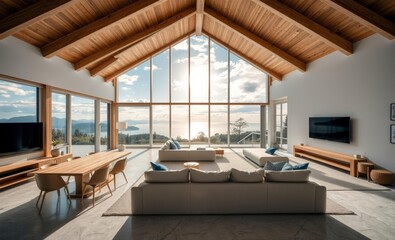 Naklejka premium Luxurious modern cabin interior, floor-to-ceiling windows, panoramic mountain view, vaulted wooden ceiling, cozy living room, minimalist decor, neutral color palette, natural light, open plan design, 