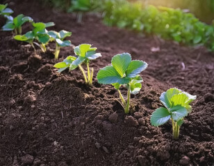 Row of Newly Plated Young Strawberry Plants in Rich Soil AI