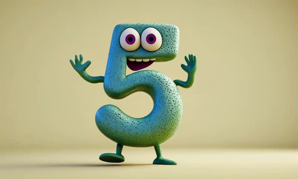 3D child character mascot number five animated dancing on flat beige background 