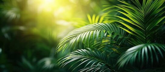 Lush green palm leaves in sunlight.