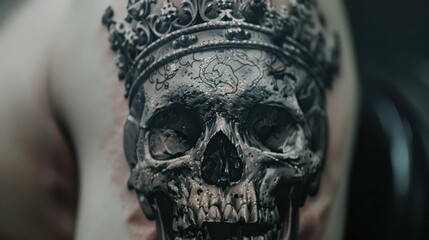 Detailed close-up of a realistic skull and crown tattoo on a person's shoulder.