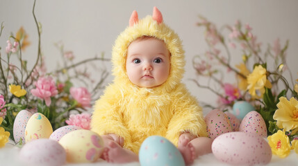 Fototapeta premium Adorable baby in yellow chick costume with colorful easter eggs and spring flowers