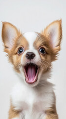 Adorable chihuahua puppy with wide eyes and open mouth on white background
