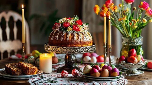 Festive easter table setting with decorated cake and colorful eggs, celebrating spring and renewal in floral elegance - easter celebration concept