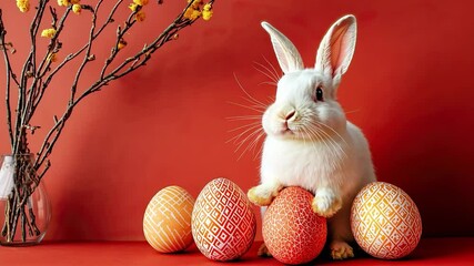 Adorable white bunny with patterned easter eggs on vibrant red background next to vase with yellow blossoms - celebrating easter with joy and colorful traditions