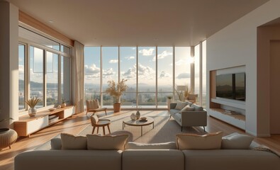 Fototapeta premium Modern interior japandi style design livingroom lighting and sunny scandinavian apartment with plaster and wood 3d render generative ai Japandi interior design interior design japandi style modern