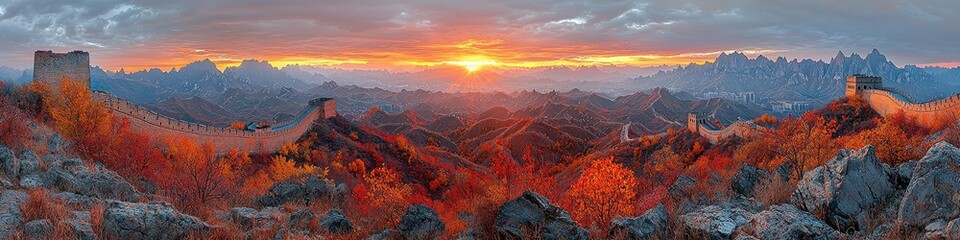 Naklejka premium Majestic sunrise over autumnal mountains and ancient wall.