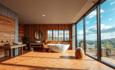 Japandi bathroom with wooden tones freestanding bathtub big window concrete walls and parquet flooring farmhouse-inspired interior design Japandi interior design interior design japandi style modern