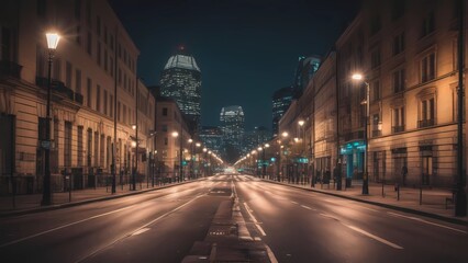 Cinematic urban cityscape at night with soft bokeh lights from buildings and street lamps, creating a vibrant ambiance