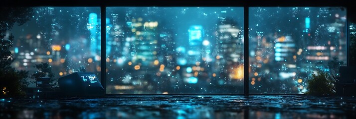 Futuristic office workspace with transparent digital screens and holograms, 