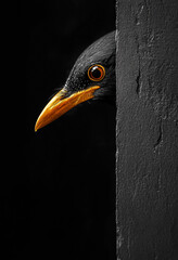 Black bird peeking from behind a dark surface with striking orange beak and eye during low light conditions