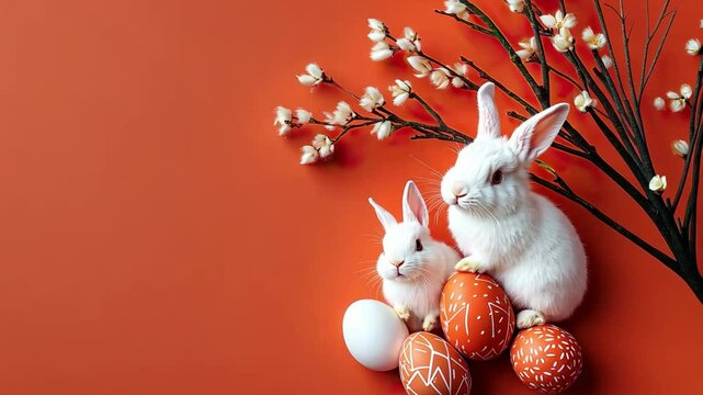 White bunnies and painted easter eggs with cotton flowers on orange background - joyful celebration of new beginnings
