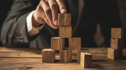 A savvy businessman utilizes the elearning concept, stacking wooden blocks to symbolize building knowledge and success.