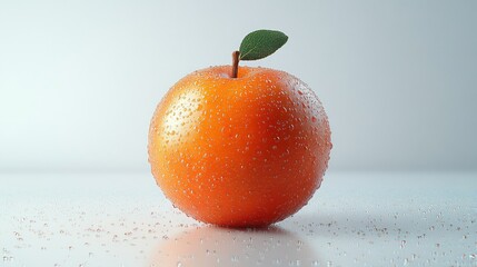 A glistening orange with water droplets on a white surface.