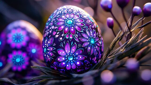 Decorative easter egg in vibrant nest with floral patterns and blurred background, celebrating easter's joy and nature's beauty concept
