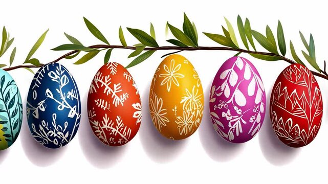 Colorful easter eggs with intricate patterns and green olive branch celebrating spring and renewal concept