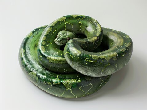 A vivid green tree python coiled 