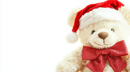 White teddy bear wearing Santa hat and red bow..